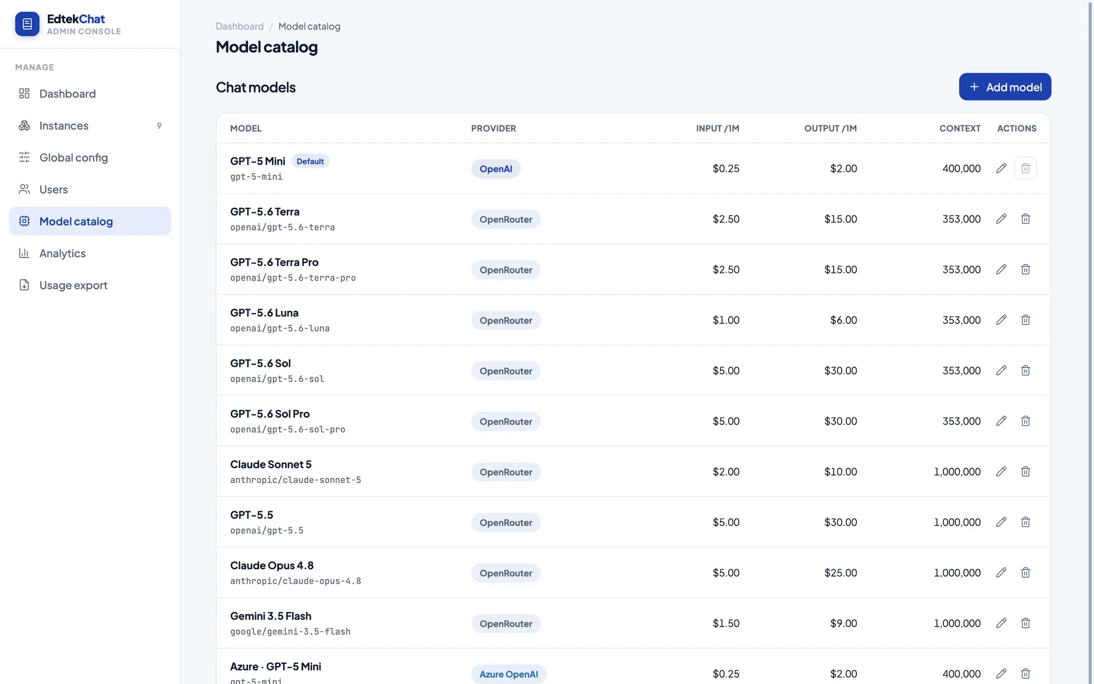 The Edtek Chat model catalog listing chat models from OpenAI, OpenRouter and Azure with prices and context windows