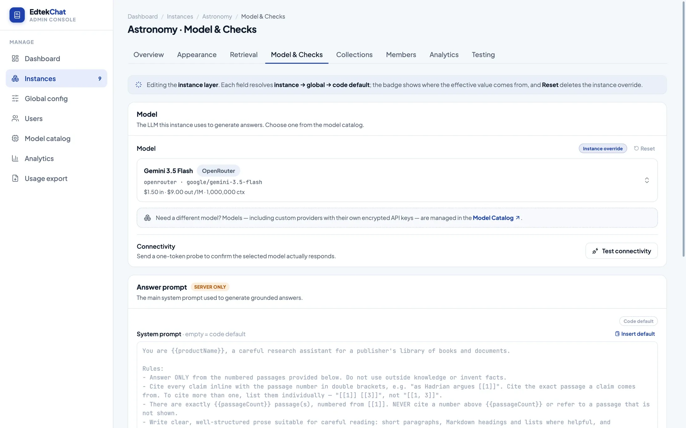 The model and checks settings, with a model picker and an editable grounded-answer system prompt