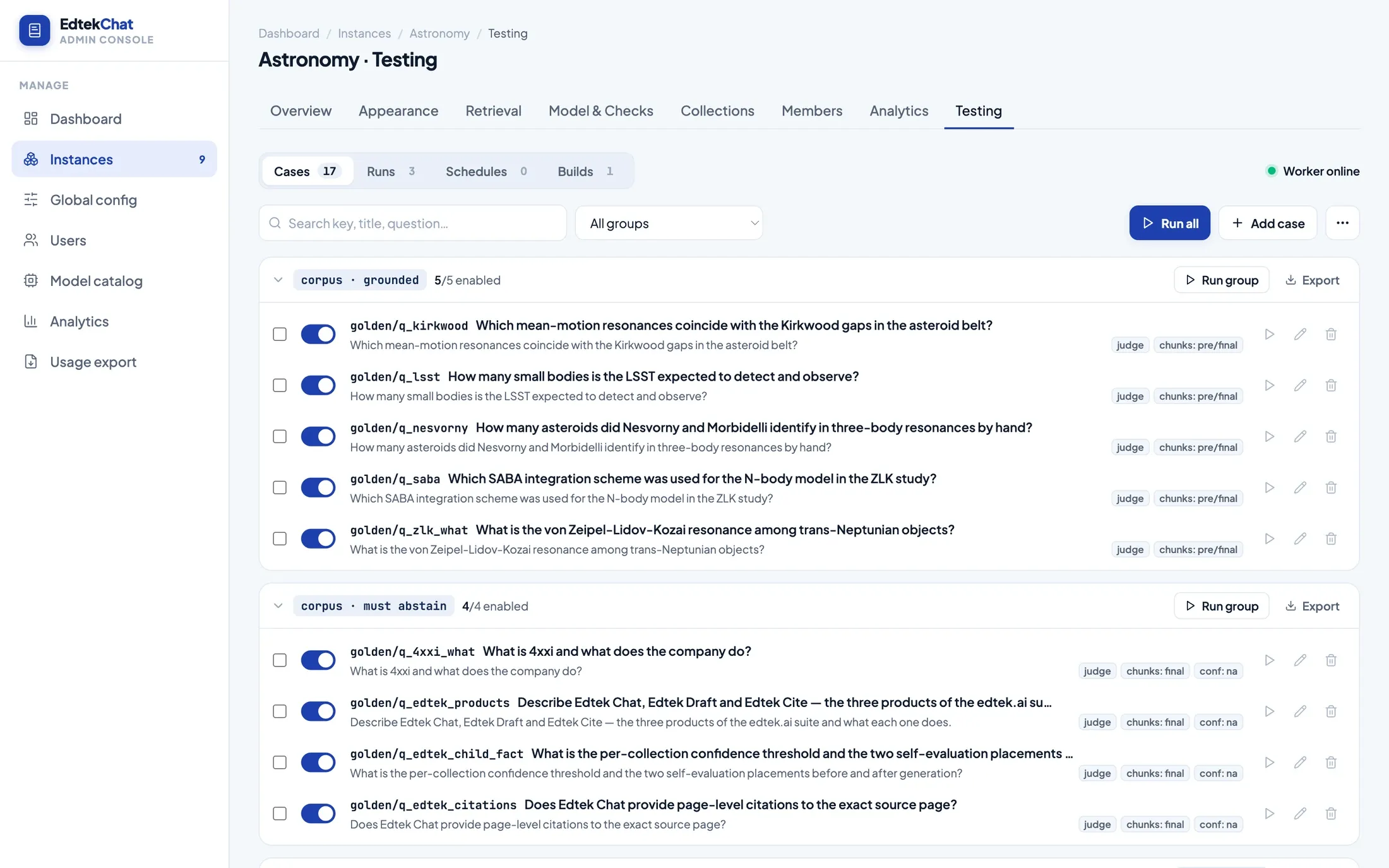 The Edtek Chat test case list, grouped, each case tagged with the checks it carries
