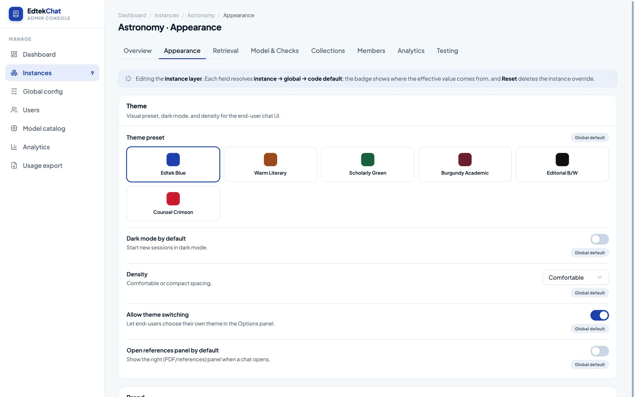 The instance appearance settings, showing six theme presets and per-field badges reading Global default