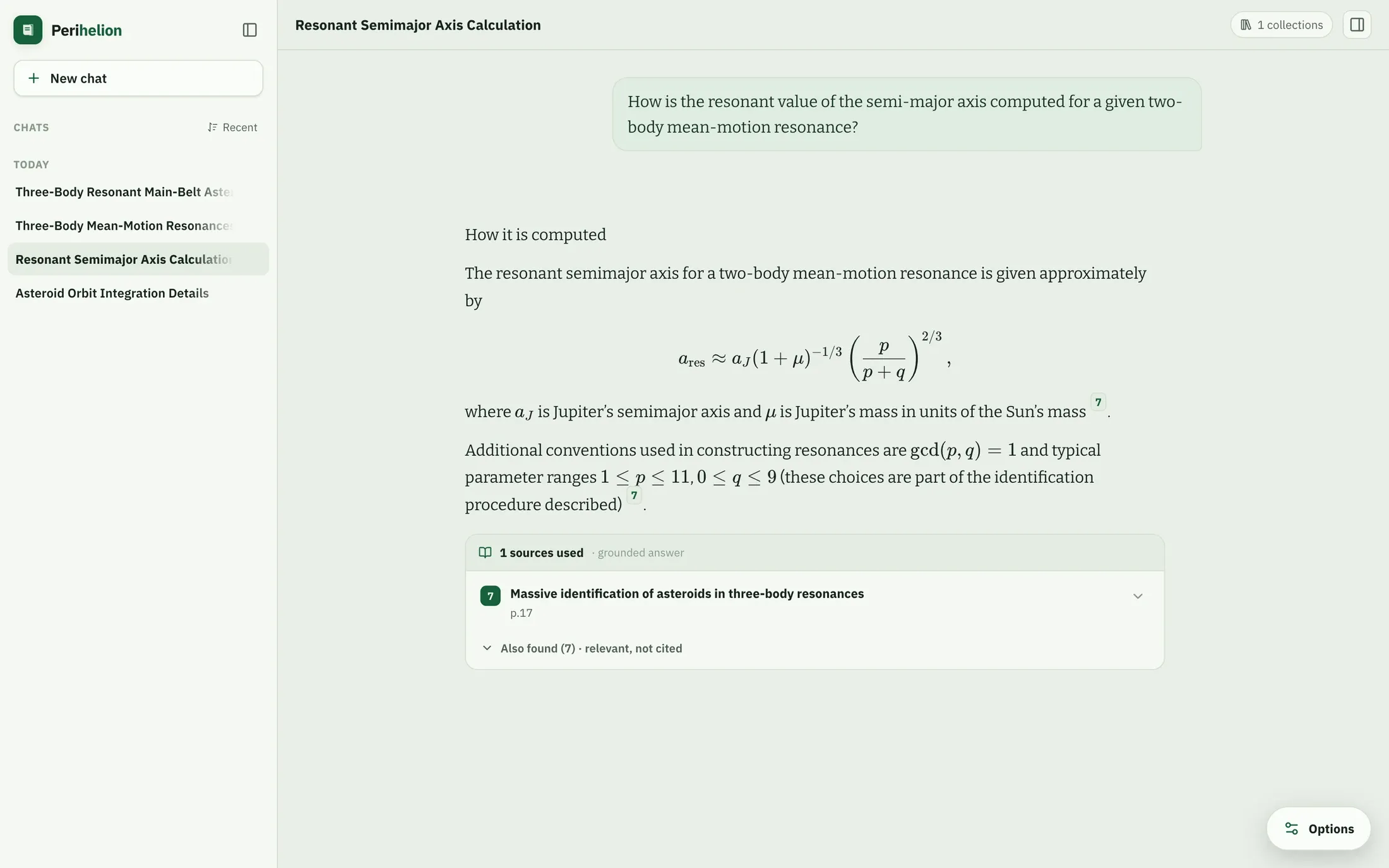 The same installation answering a question about orbital resonances from a research preprint, in a green theme