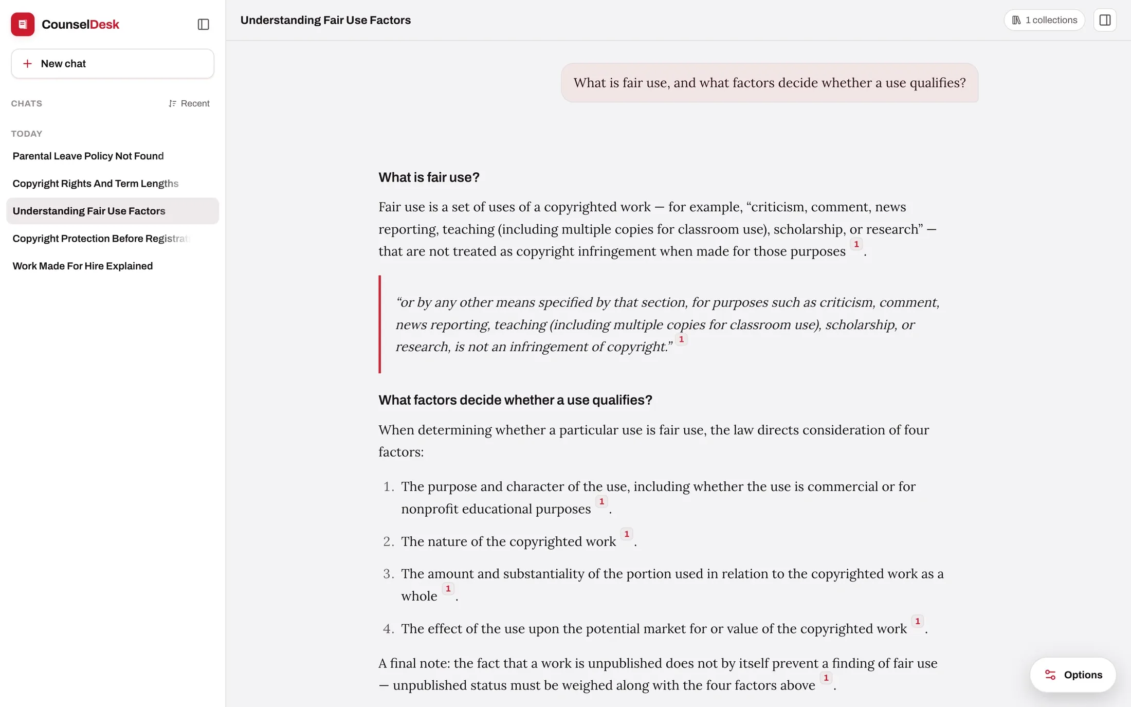 Edtek Chat answering a question about fair use from the US Copyright Act, in a crimson theme