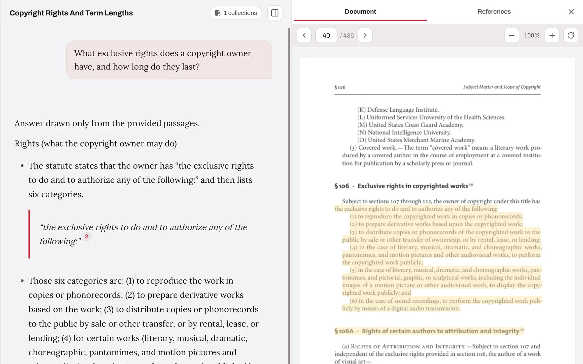 Edtek Chat — an answer with numbered citations beside the source PDF, open at the cited page
