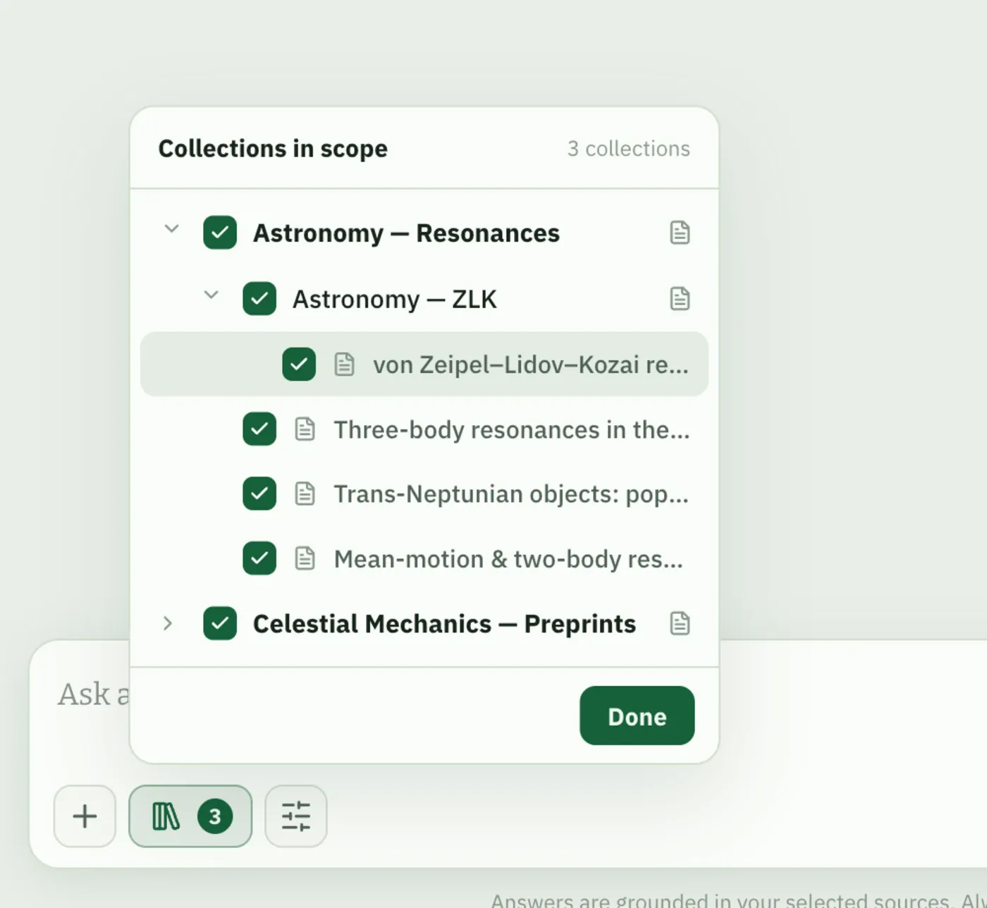 The Edtek Chat collection picker, expanded to show nested collections and individual document titles