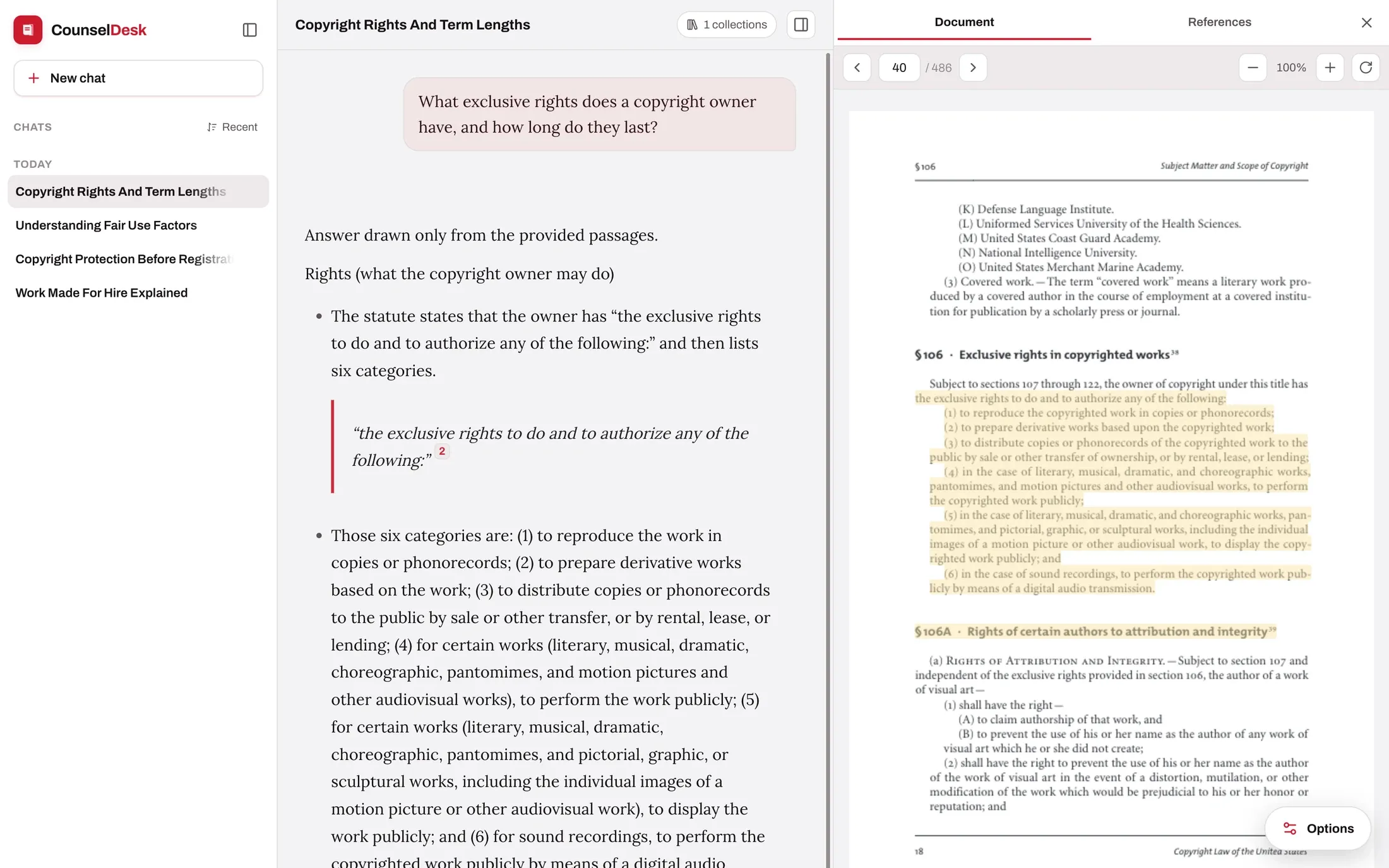 An Edtek Chat answer with numbered citations beside the source PDF, open at the cited page with the passage highlighted
