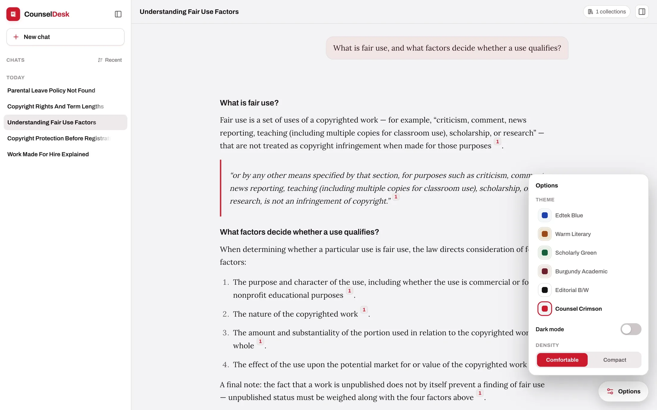 The reader-facing options panel offering six themes, a dark mode switch and a density toggle